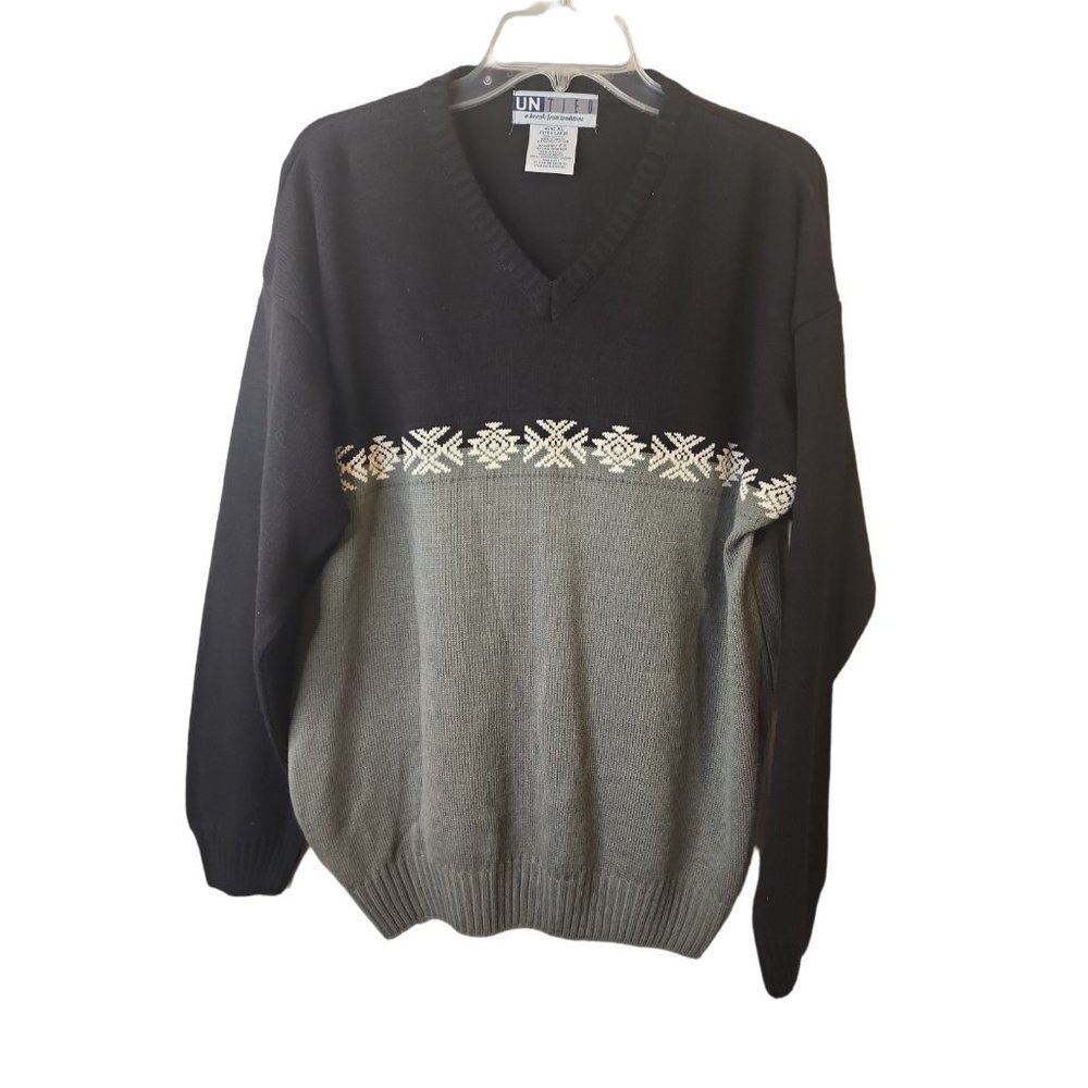 UNtied Size XL Mens Sweater Black Gray Fair Isle Top